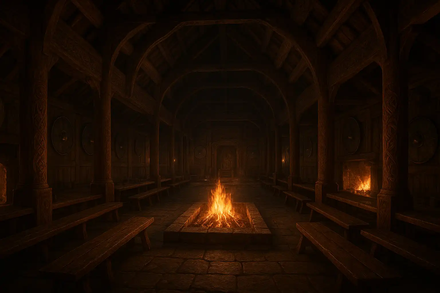 Interior of a grand carved Viking mead hall with hearths and shields on the walls