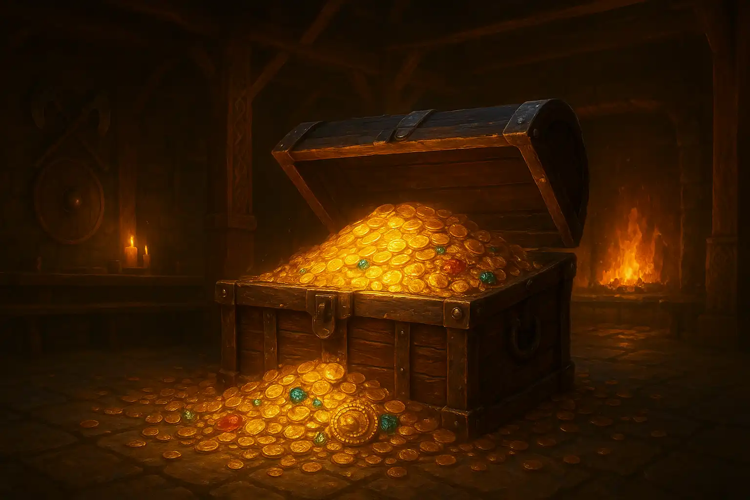 Viking treasure chest overflowing with gold coins symbolising casino bonuses
