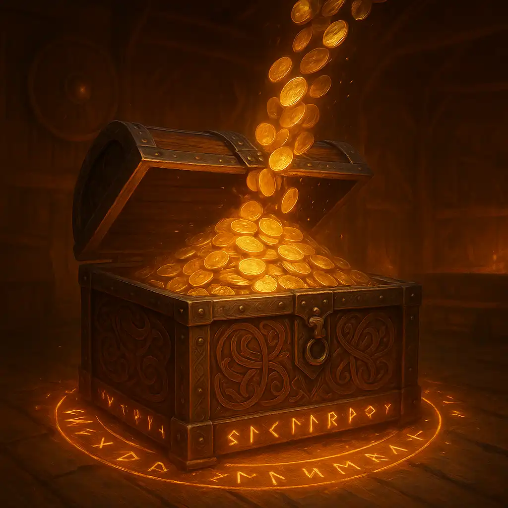 Gold coins pouring into a Viking treasure chest representing a deposit